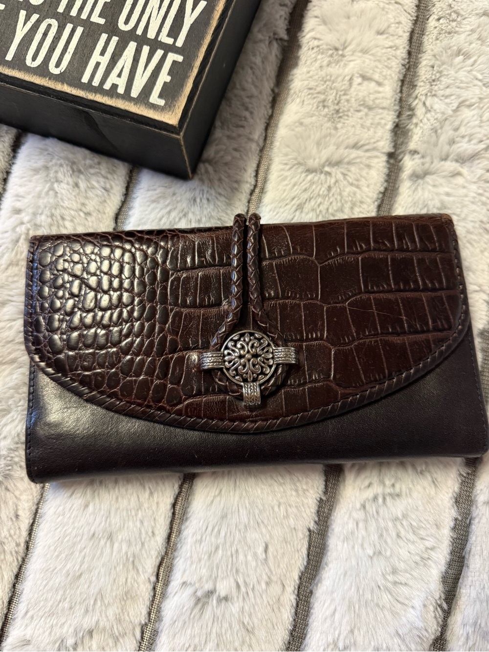 Brighton Brown Croc-Embossed Leather Wallet with Silver Medallion